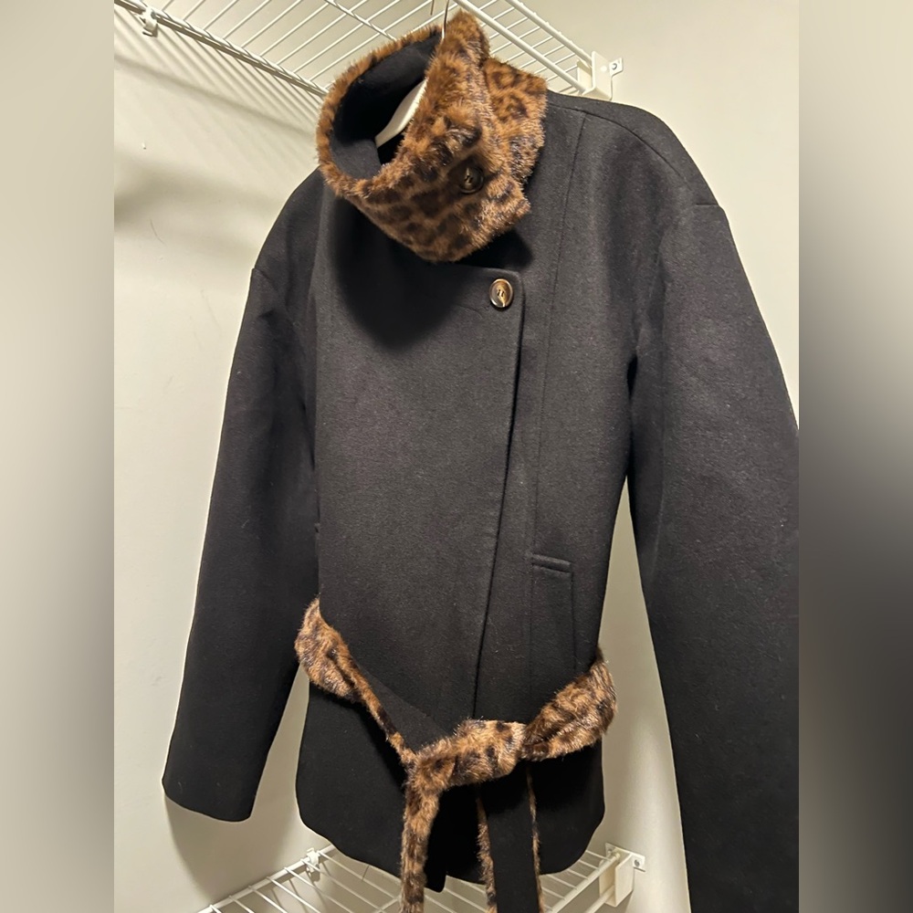 Women's Black Coat with Leopard Print Accents